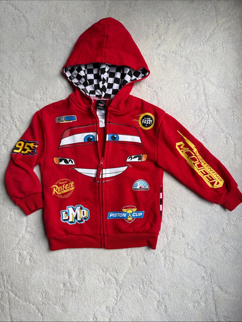 5T NWOT Lightning McQueen Red Zip Up Checkered Hoodie - Boys